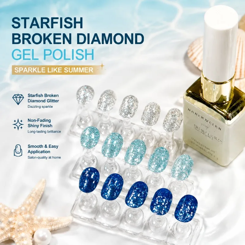 Nail Art Starfish Broken Diamond Gel Polish, Sparkly New Triangle Glitter Nail Polish, Non-Fading Shiny Gel for Nails, Summer