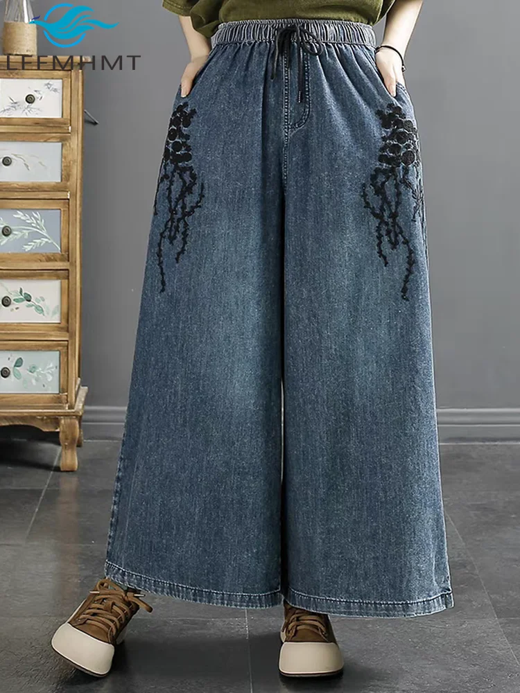 

Vintage Embroidery Denim Pants for Women Spring Summer Fashion Elastic Waist Loose Casual Wide Leg Thin Jeans Female Trouser