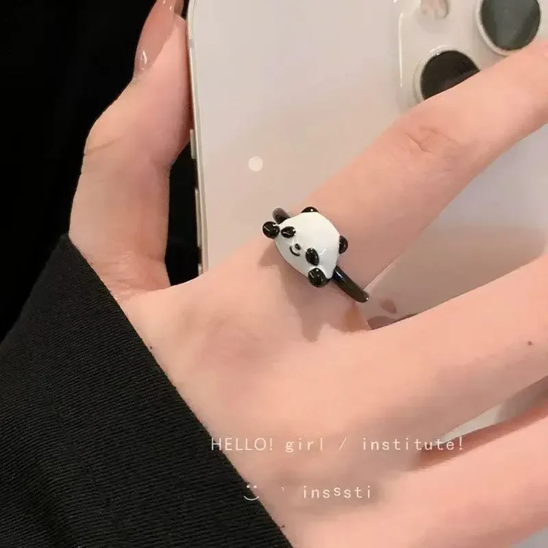 Cute and playful drop glazed Little Panda and Little Flower Cat Open End Ring New Year Design Sense Best Friend Open End Ring