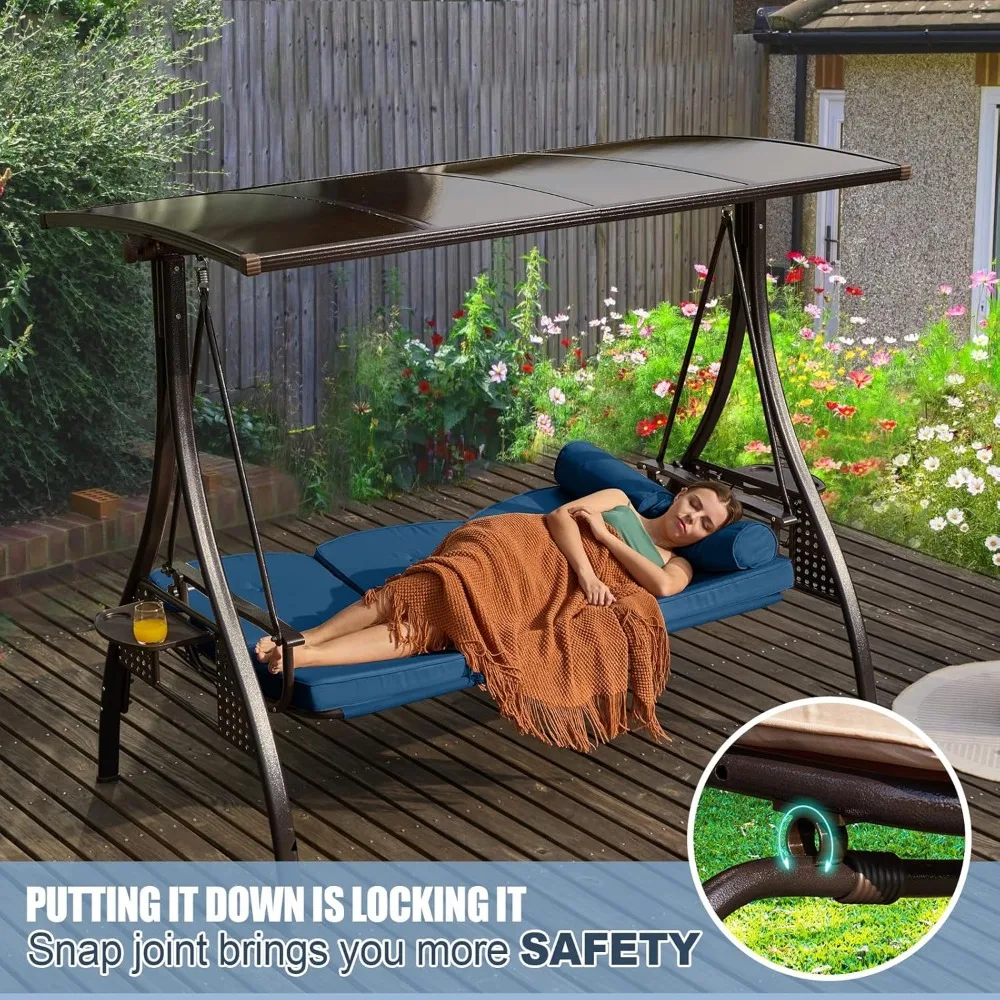 أرجوحة الشرفة الخارجية 3 في 1 قابلة للتحويل مع سطح صلب قابل للتعديل ووسادة سميكة للبالغين