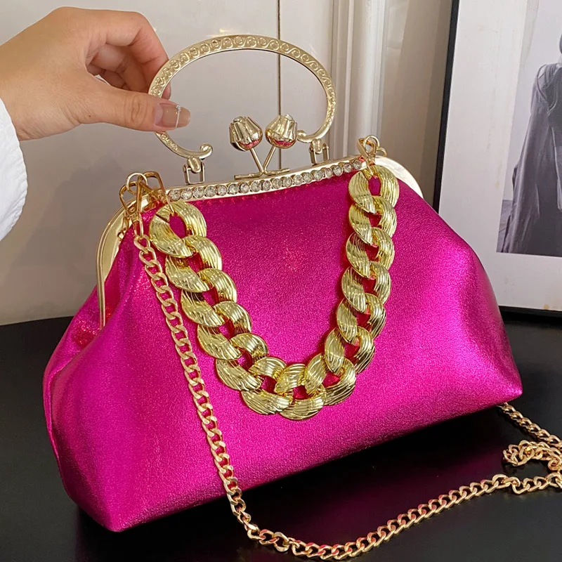 2023 Luxury Women\'s Silver Green Chain Shoulder Bags Gold PU Leather Shell Clip Designer Handbag And Purse Party Wedding Clutch