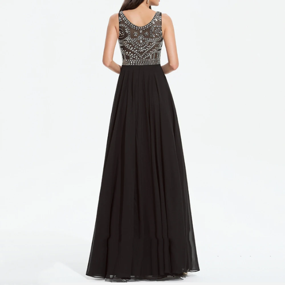 Personalizado a linha vestidos de noite até o chão colher pescoço sem mangas vestido de baile moda cristal drapeado requintado vestido de festa