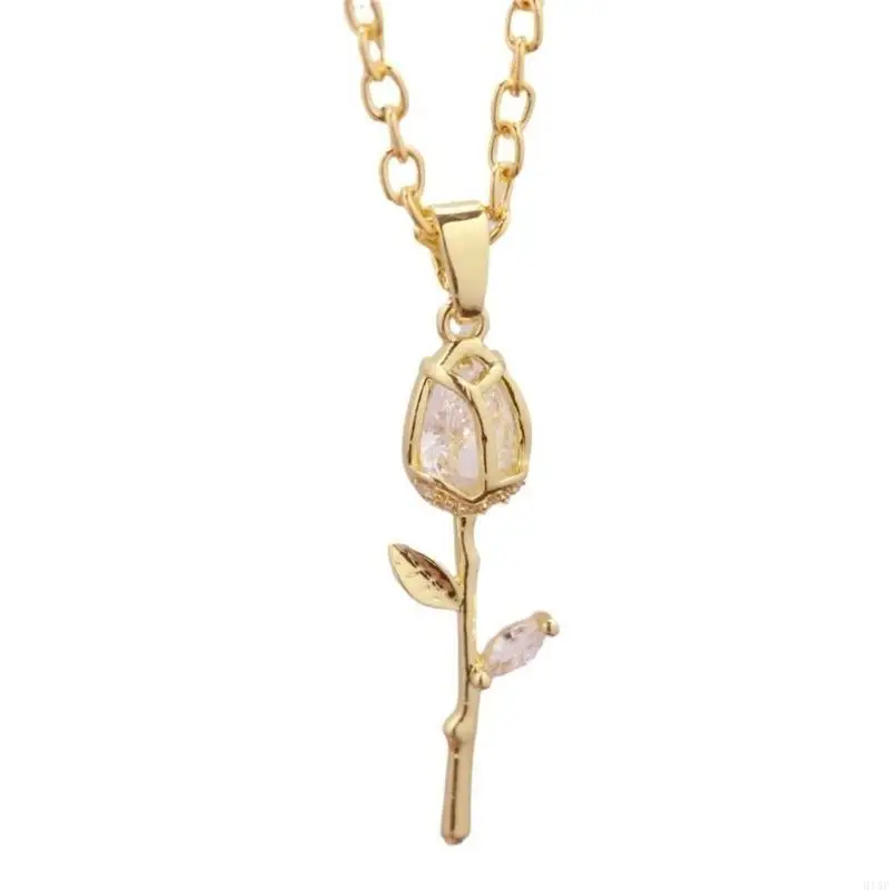 91AF Bohemian Styles Gold Tulips Necklace Featuring Enameled Floral Pendant Convenient Accessory for a Touch of Elegant