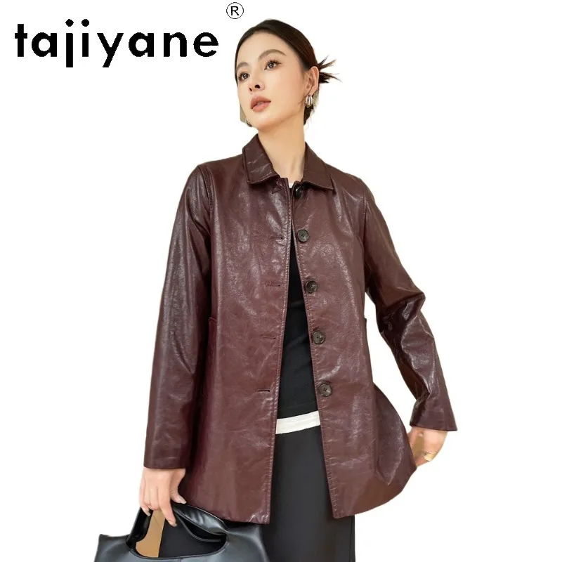 TAJIYANE Oil Waxed Goatskin Genuine Leather Jacket Woman Mid Length Trench Coat Lapel Jackets for Woman Leather Outerwear 가죽자켓