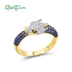 SANTUZZA Pure 925 Sterling Silver Rings For Women Sparkling Blue Green Stones White CZ Dragon Ring Animal Fashion Fine Jewelry