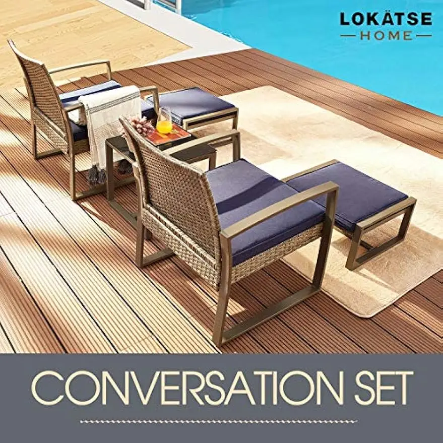 5-Piece Wicker Outdoor Conversation Set Patio Furniture PE Rattan All Weather Cushioned Chairs Balcony Porch