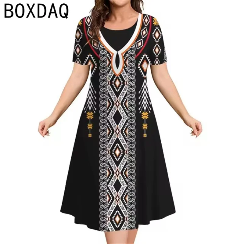 New Women‘s Dress 3D Vintage Ethnic Pattern Printed Dress Summer Short Sleeve O-Neck Casual A-Line Dress Lady Oversized Vestidos