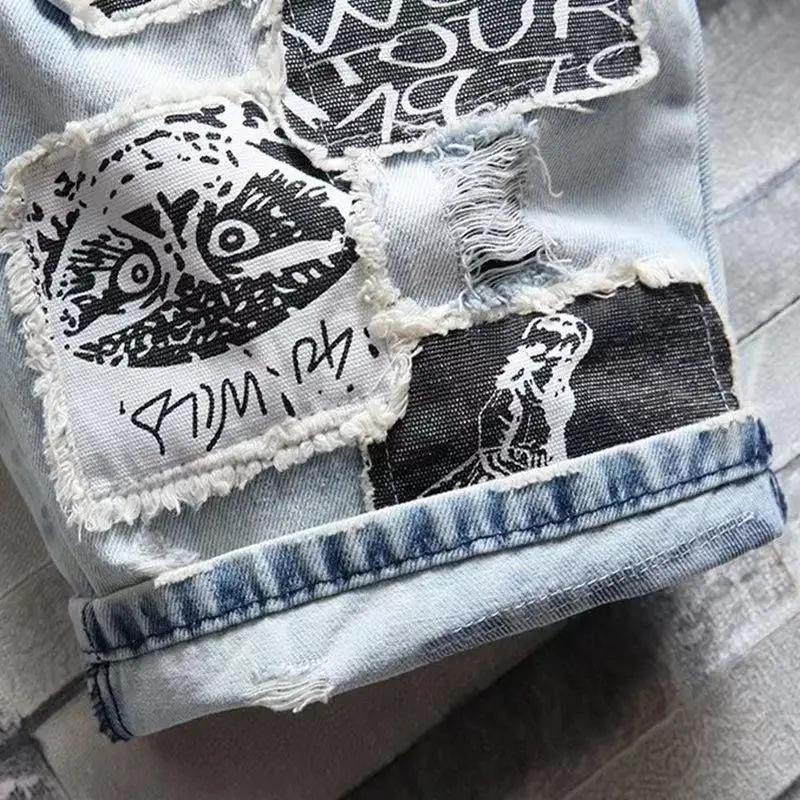 Casual Distressed Denim Shorts for Men 2024 New Summer Trendy Knee Length Patchwork Print Hip Hop Cowboy Streetwear Short Jeans