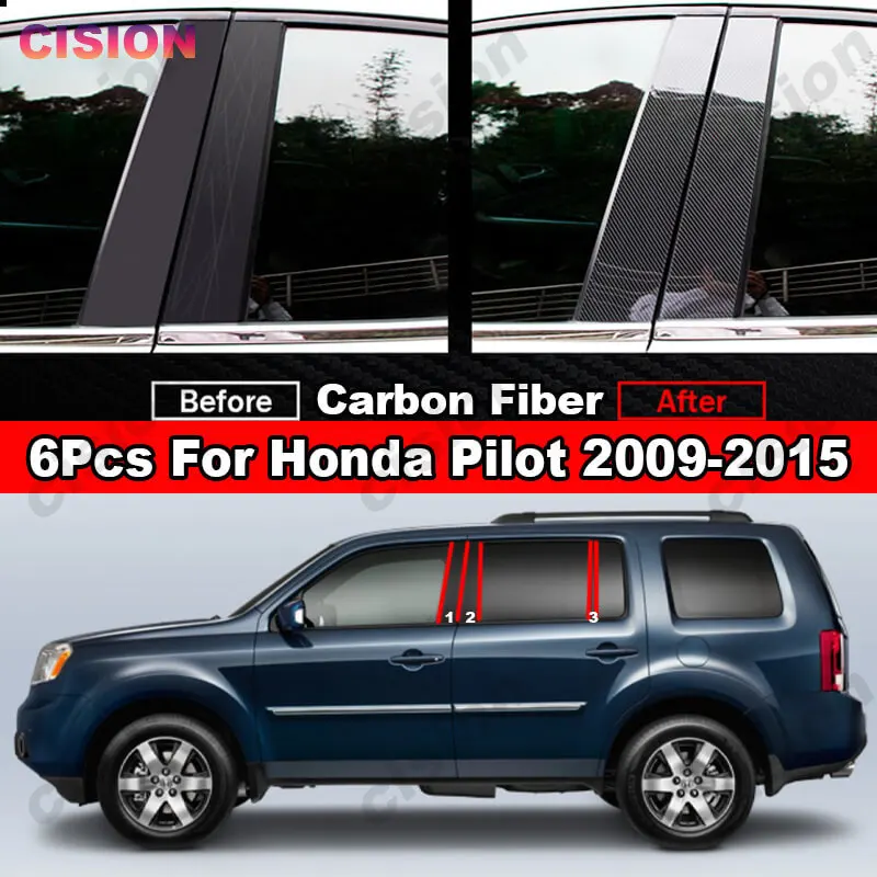 For Honda Pilot 2009-2015 6Pcs Mirror Effect Car Window Door Column B C Pillar Post Cover Trim Glossy Black PC Material Sticker