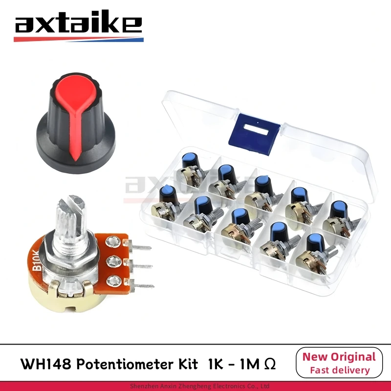 

WH148 Potentiometer Kit B1K 2K 5K 10K 20K 50K 100K 250K 500K 1M 15mm Linear Taper Rotary ADJ Variable Resistor Set 3pin With Cap