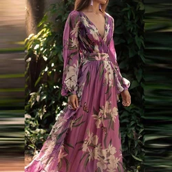 Elegant V-neck Long Sleeve Bohemian Dress Women Fashion Hight Waist Pleated Long Dress Vintage Flower Print Chiffon Party Dress