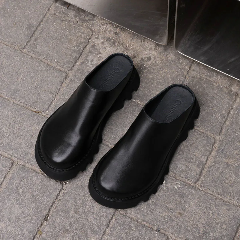 

MKKHOU модная женская обувь, новые тапочки из натуральной кожи высокого качества, туфли Muller на толстой подошве с круглой головкой, повседневная обувь