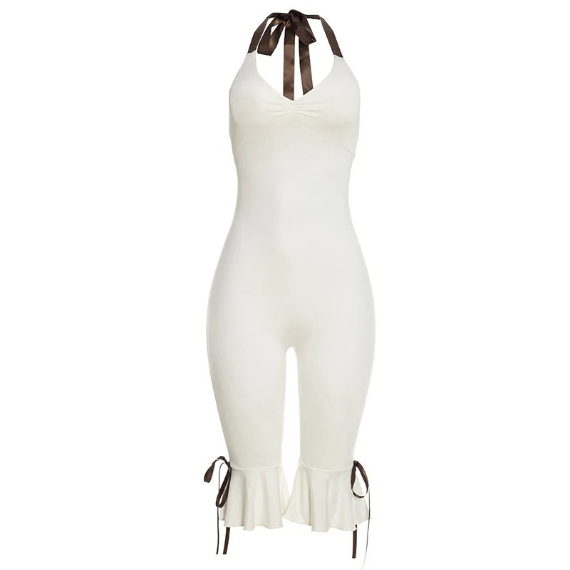 

New hanging neck strap fashionable solid color sexy slim fit jumpsuits