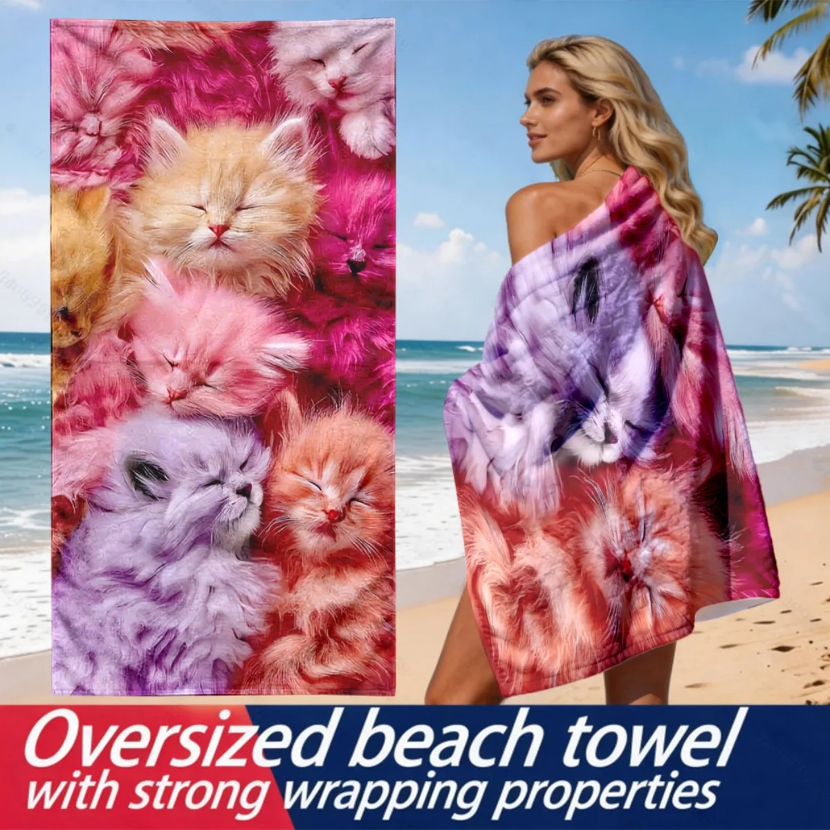

Collection of Cuddly Colored Cats polyester microfiber beach towel is highly absorbent, suitable for swimming and beach outings