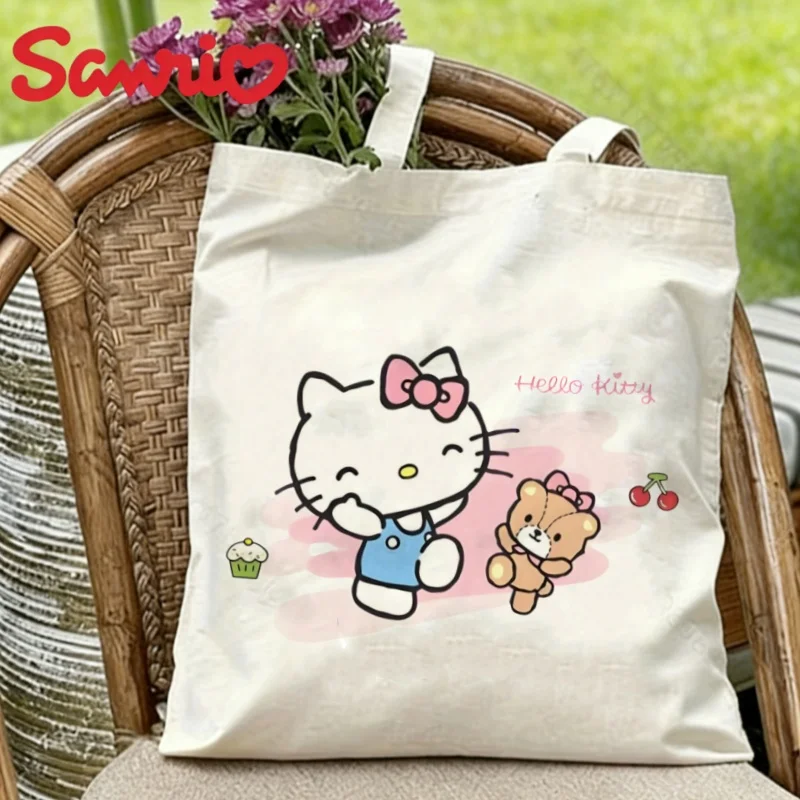 

1PC Sanrio Hello Kitty Canvas Tote Bag Double-sided Teddy Bear Print Eco-friendly Reusable Shoulder Bag