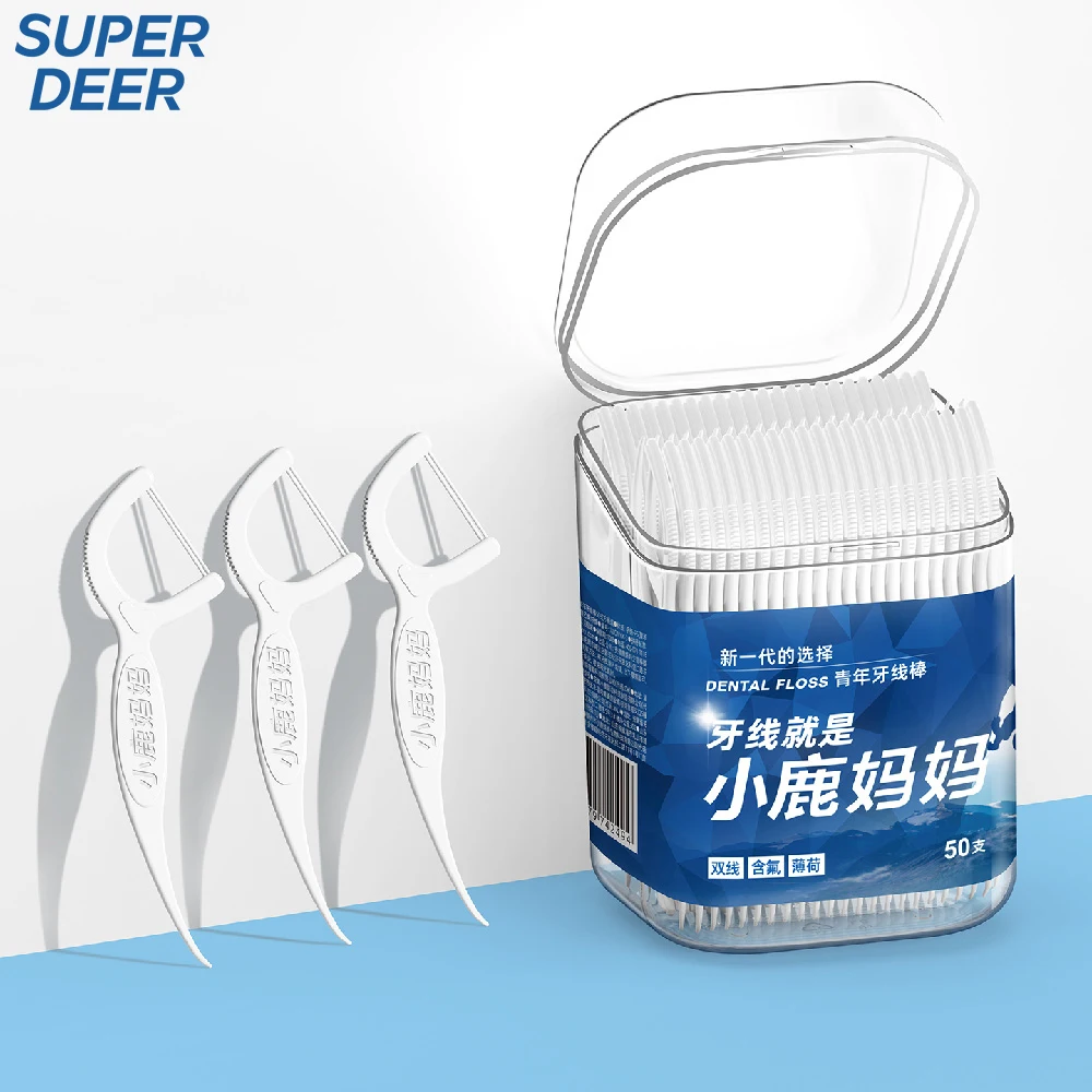 SUPER DEER Dental Floss Picks 50Pcs Square Box, Double Line Fluoride Mint Flavor Teeth Cleaning Floss Sticks Oral Care