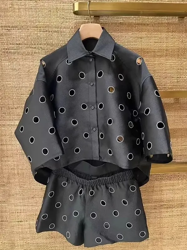 

Bla Diamond Decorated round Ring Hollow oulder Drop Collar irt orts Set Loose Fit French Sle Polyester Fiber