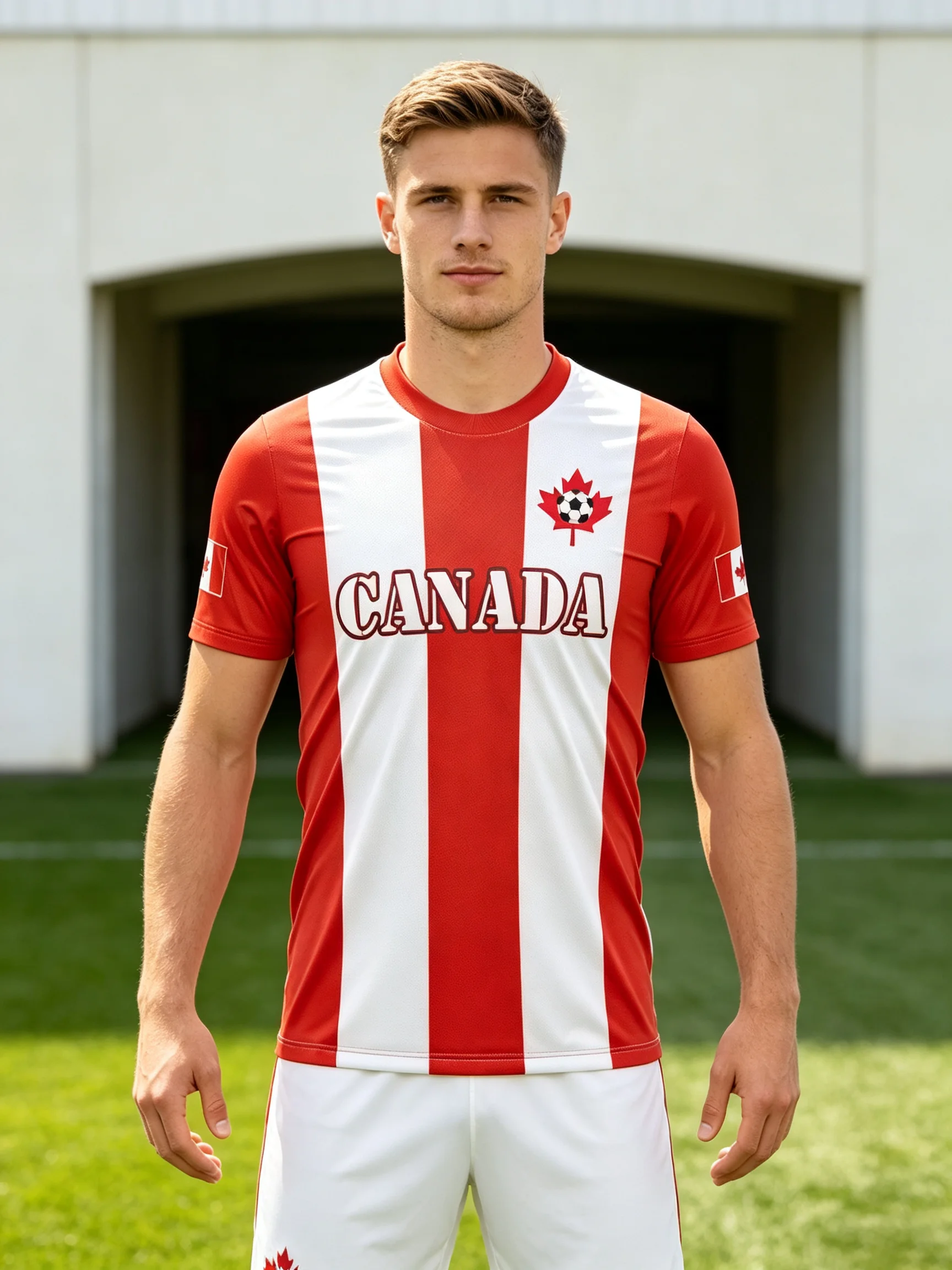 Canada soccer jersey,red‑white vertical stripes,chest maple‑leaf badge & CANADA print,quick‑dry,multiple collar styles