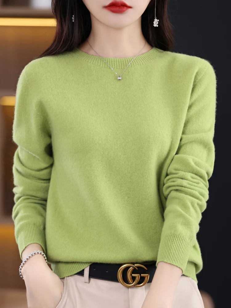 2024  Fashion Versatile Solid Color Spring Autumn New Women 100% Merino Wool Sweater O-neck Basic Cashmere Pullover Clothing Top