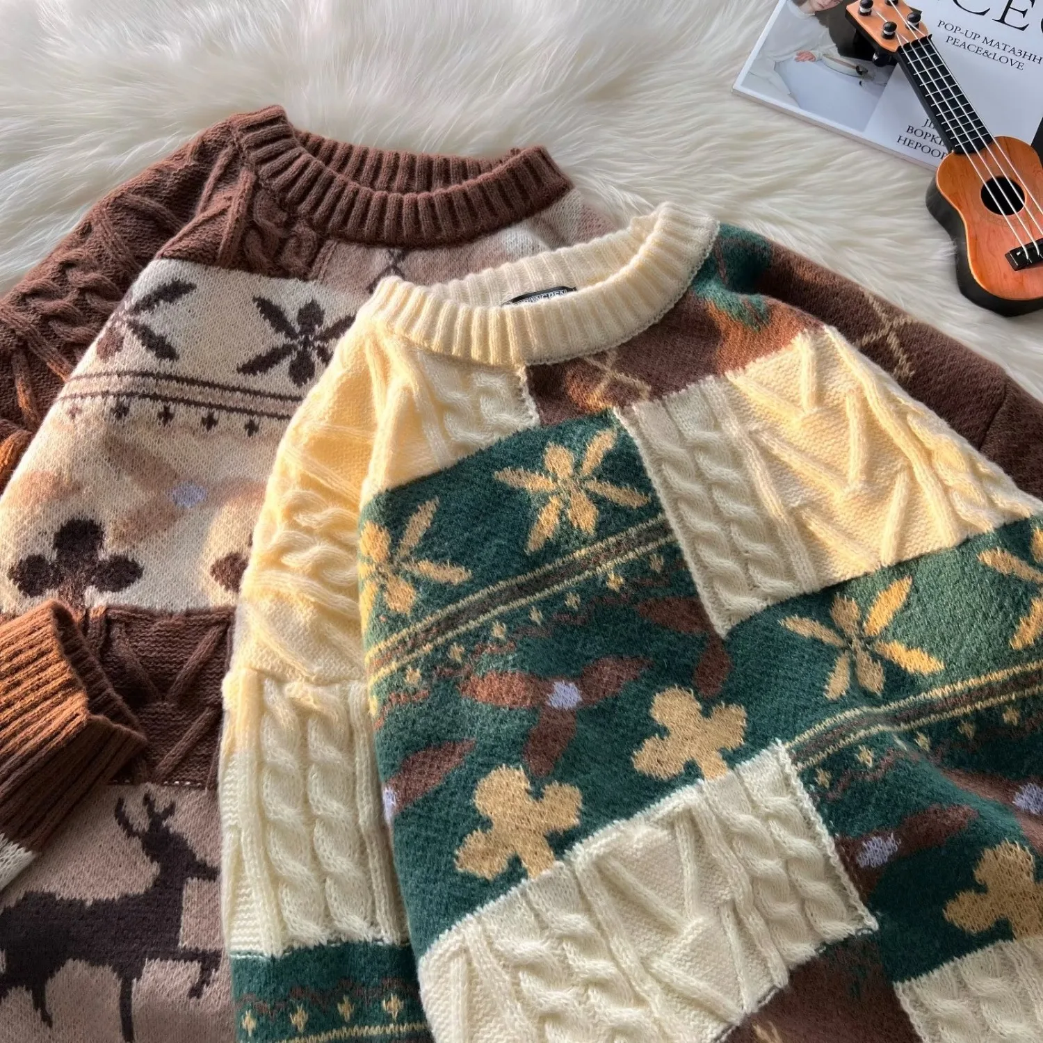 Men's New Autumn and Winter Patchwork Sweaters, Fashionable and Versatile Round-Neck Tops