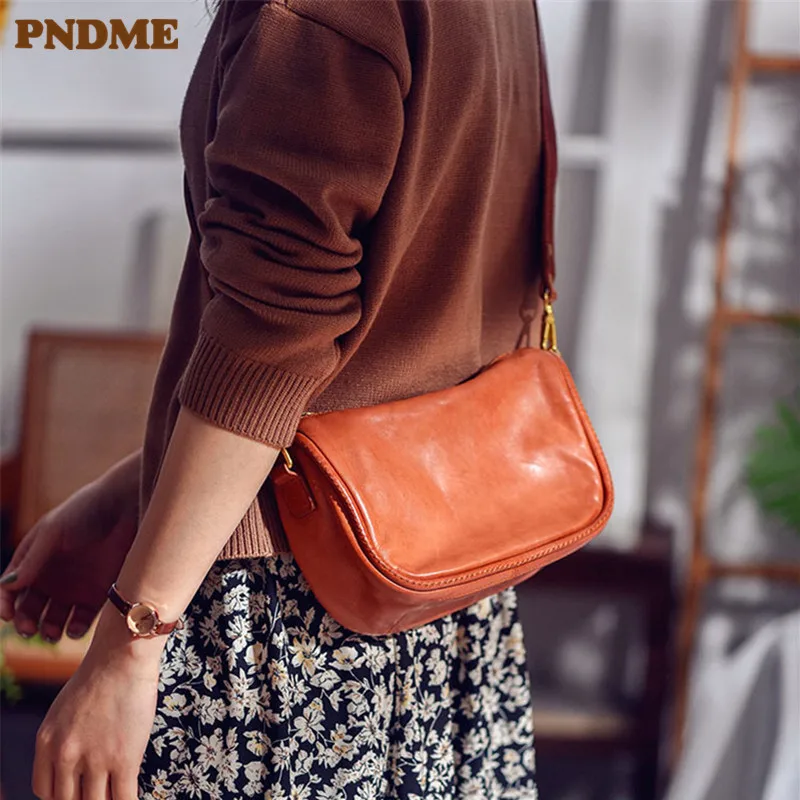 

PNDME Fashion Casual Designer Luxury Genuine Leather Female Saddle Bag Weekend Outdoor Party Real Cowhide Shoulder Crossbody Bag