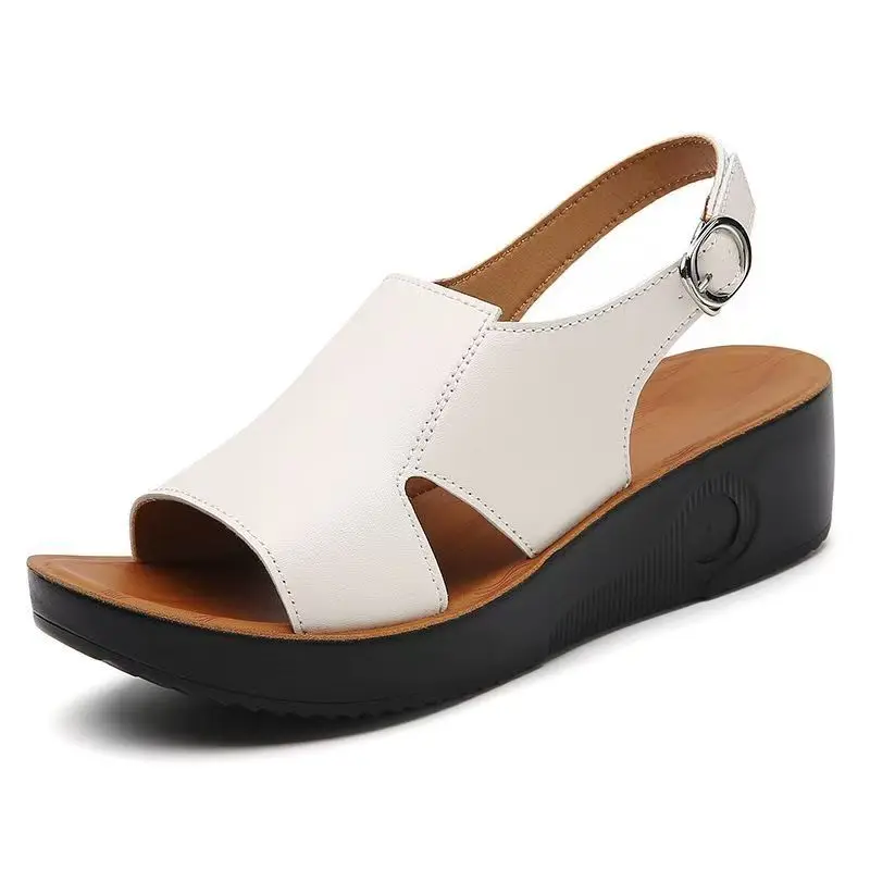 

Women Summer Genuine Leather Wedges Sandal Thick Sole Non Slip Light Slip On Big Size Peep Toe Sandal Middle Aged Women Sandal