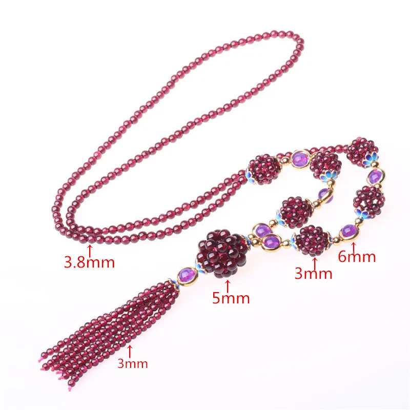 Genuine Natural Garnet Long Sweater Necklace Hand Braided Small Gemstone Beads Beautiful Fine Jewelry Solid 925 Silver