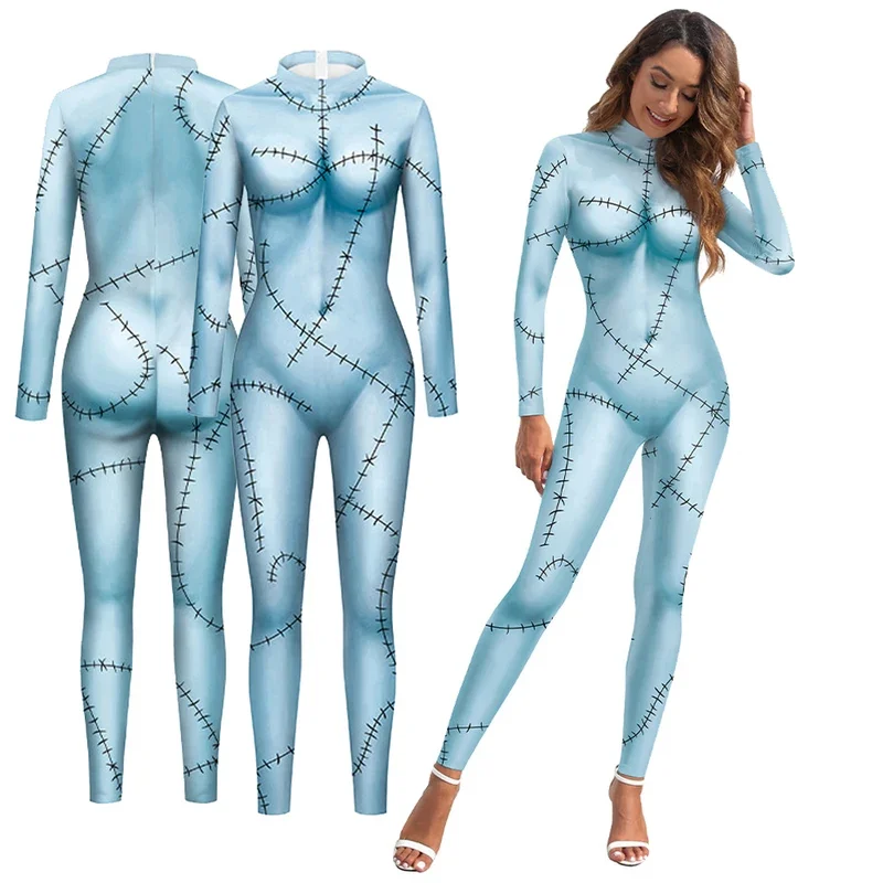 Halloween Adult Carnival Costume For Women Sally Printed Slim Jumpsuit Catsuit Long Sleeve Zenti Party Bodysuit  Rompers