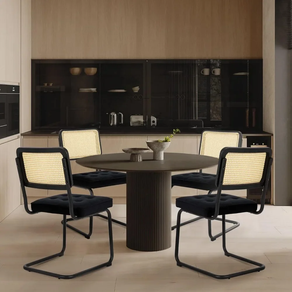 Velvet Rattan Dining Room Kitchen Side Chairs with Upholstered Seat and Metal Chrome Legs for Home.