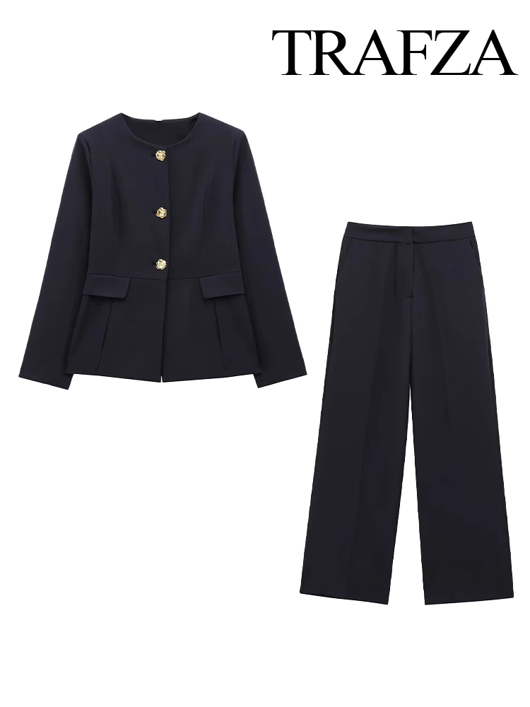 HH Set da 2 pezzi alla moda da donna Versatile giacca slim fit con scollo tondo + Pantaloni dritti casual eleganti con cerniera High Street