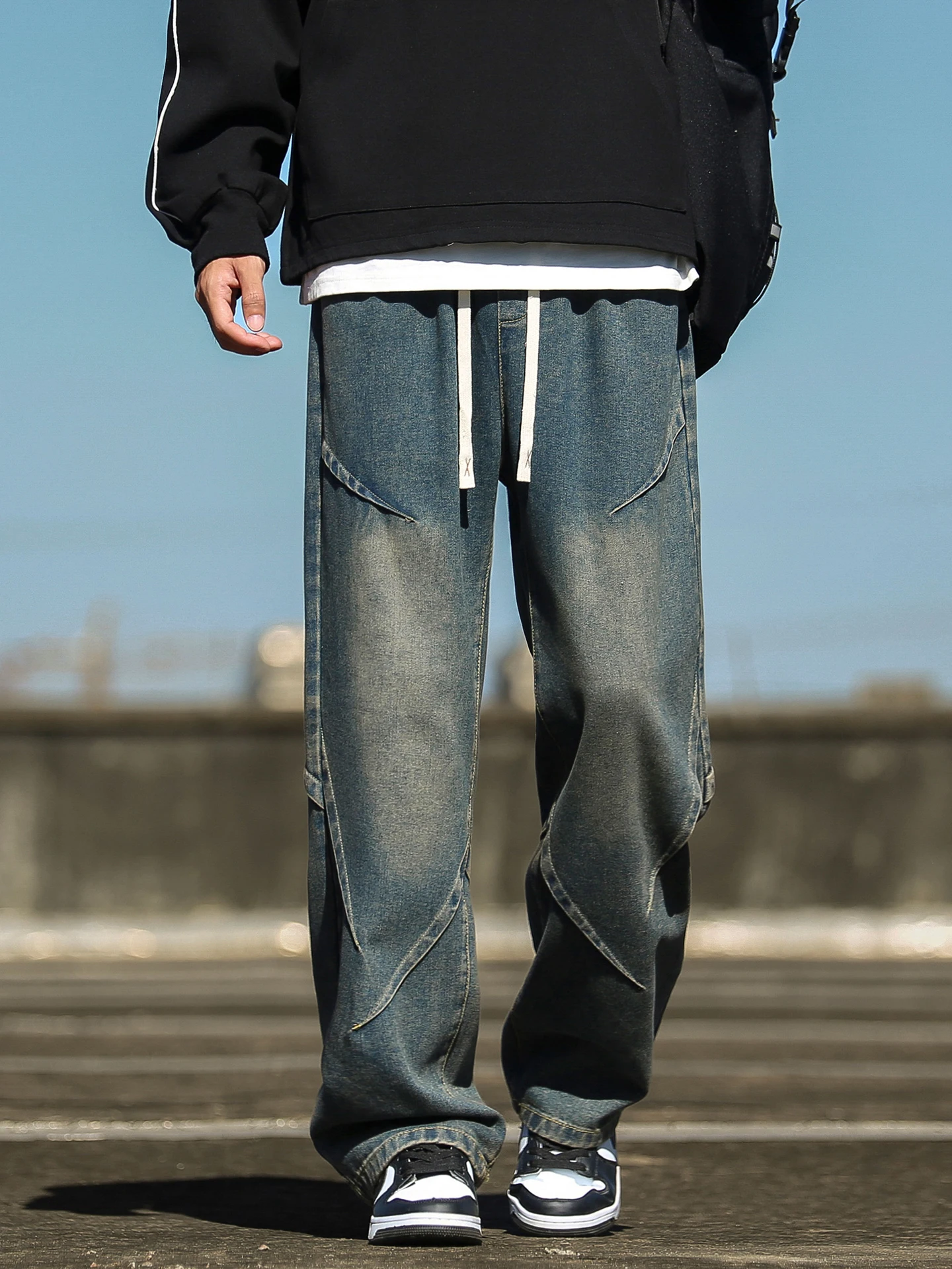 

Синие сложенные джинсы в стиле ретро, мужские весенние 2026, американские прямые свободные брюки, повседневные свободные прямые джинсы