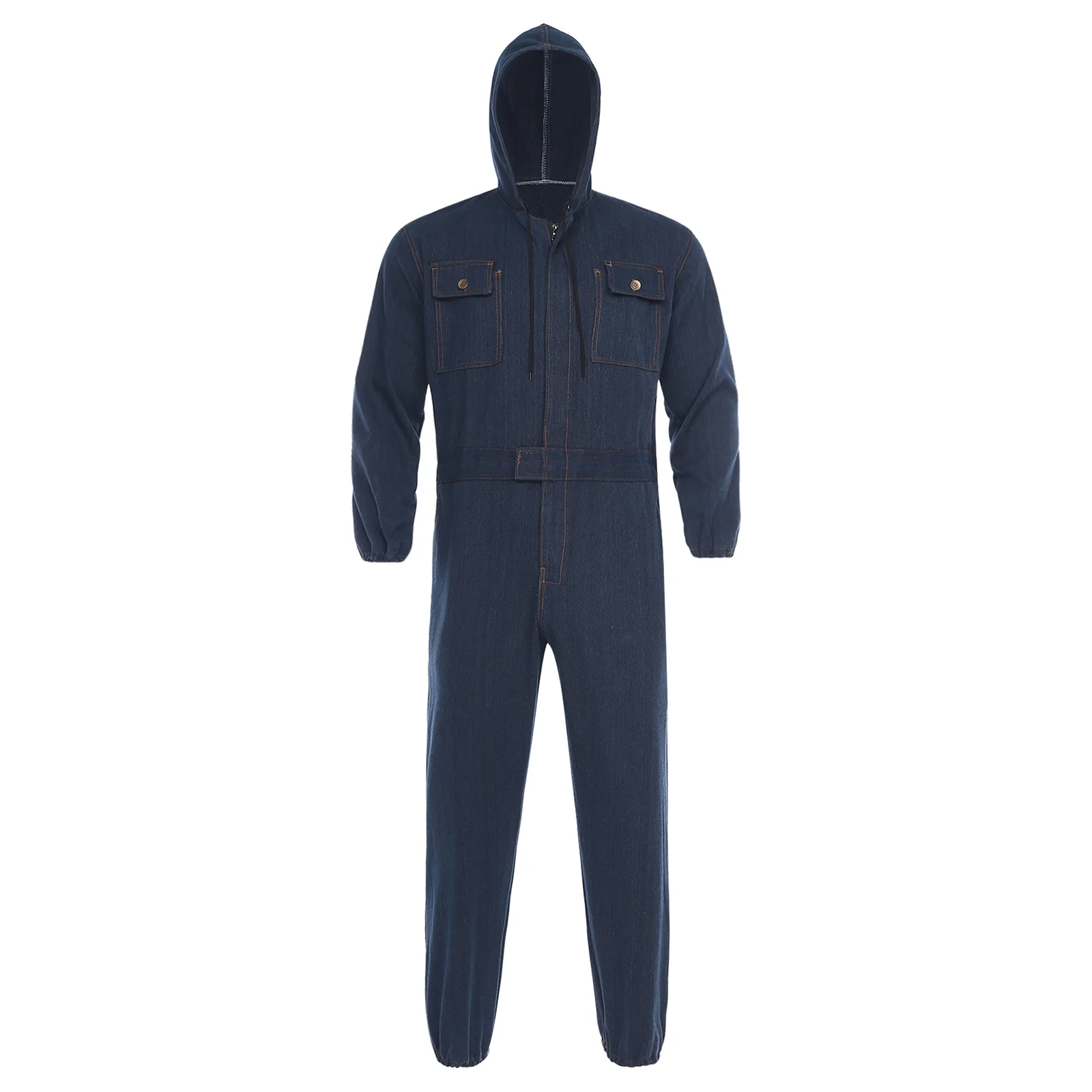 

Men Denim Hooded Coveralls Resistant Overalls Work Wear Long Sleeve Front Zip Pockets Full Cover Rompers for Reparing Spraying