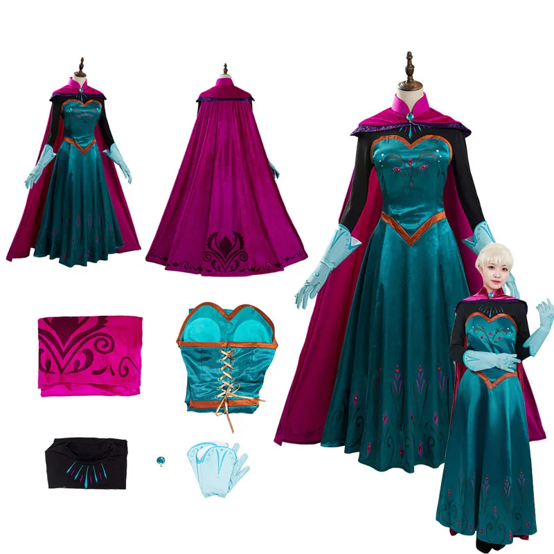 Movie Queen Elsa Cosplay Costume Women Princess Coronation Dress Cloak Outfits Adult Girls Halloween Carnival Role Play Suits