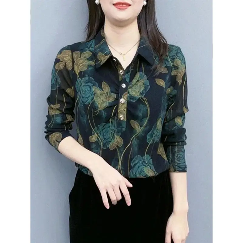 Vintage Printed Lapel Button Folds Floral Blouses Women\'s Clothing 2023 Winter Loose Casual Tops Office Lady Warm Shirts