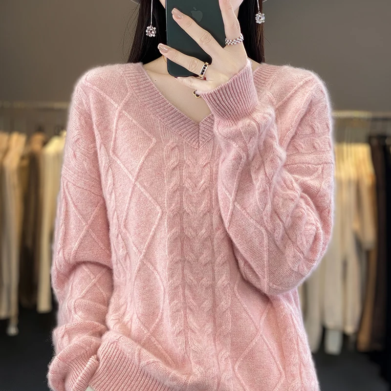 

Leisure V-neck Women's Pullover 100% Wool Sweater Solid Color Knitted Autumn and Winter Hot Selling Women's Full Sleeve Sweater