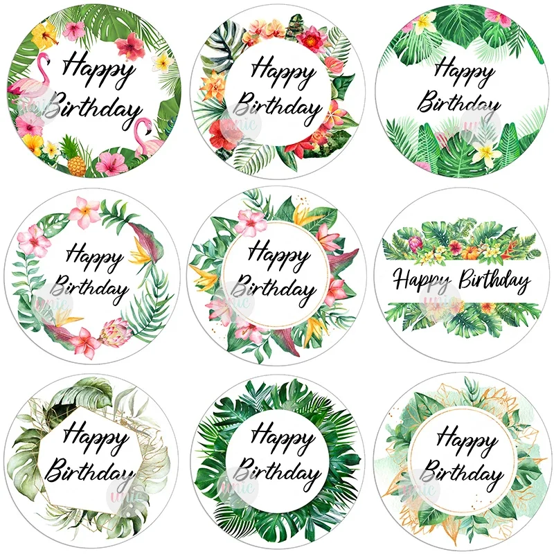 Summer Hawaiian Party Happy Birthday Tropical Theme Flower Leaves Birthday Labels Stickers Decorations self-adhesive Sticker