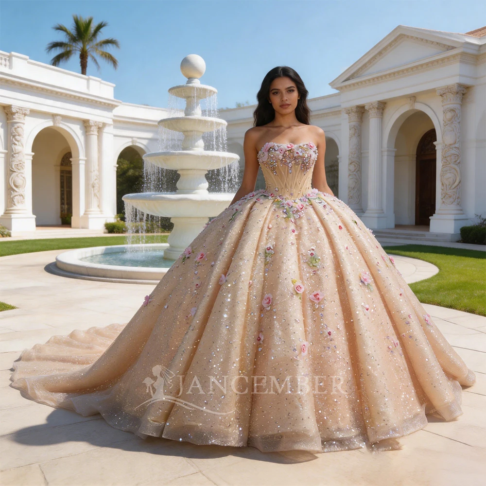 

Yellow Quinceanera Dress Ball Gown Shining Applique Strapless Sexy Dresses Sweet 16 Girl Birthday Pageant Dress vestidos 15 años