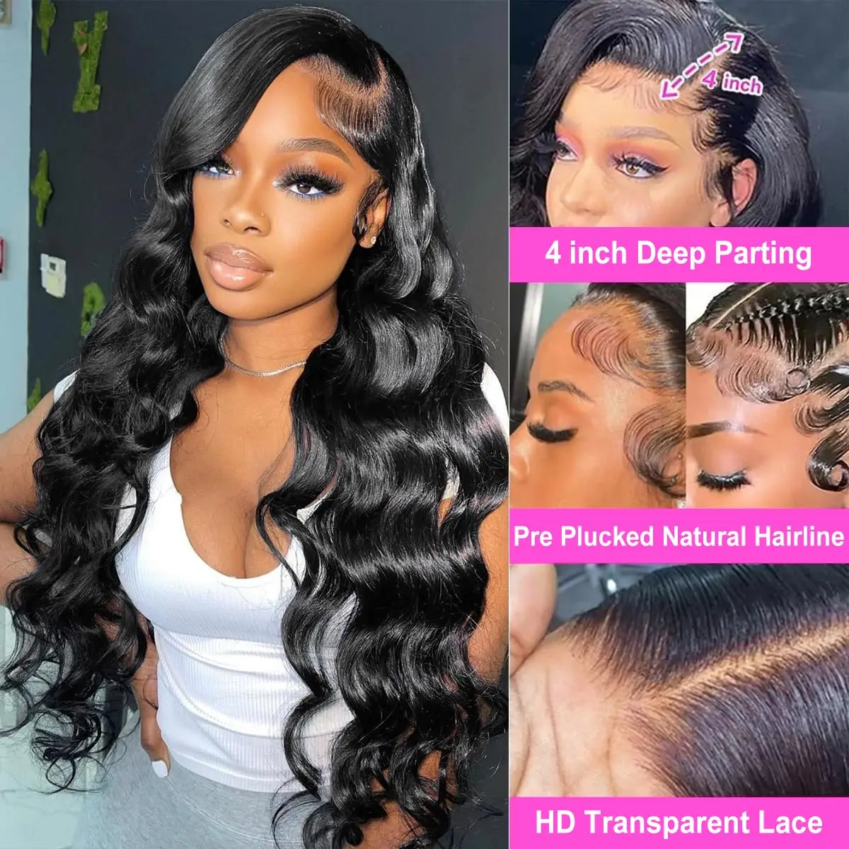 Perruque Lace Closure Wig sans colle naturelle, cheveux humains, Body Wave, 5x5 6x4 HD, 30 pouces