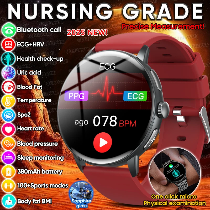 

2025 New Nursing level ECG+PPG Health SmartWatch Blood Pressure Blood lipid Uric acid Body analysis BT Call Smartwatch Men Women