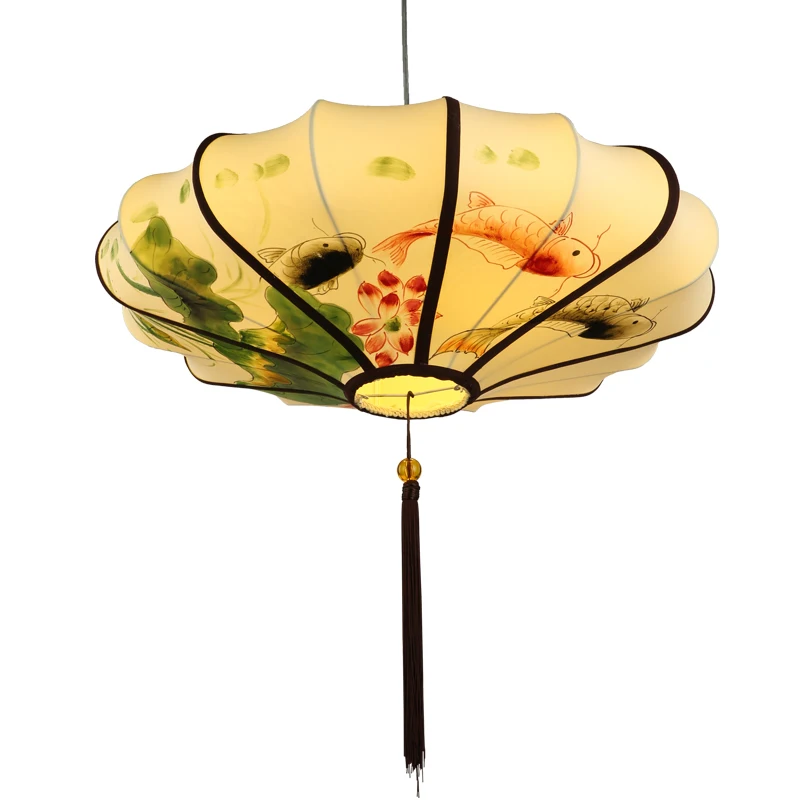 

New Chinese chandelier Chinese style living room hotel teahouse antique hanging lamps hot pot shop hand-painted fabric lantern d