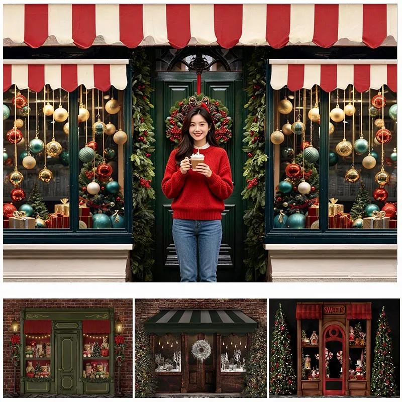 LS Xmas Toy Store Window Photography Backdrop Winter Snow Street Photo For Holiday Party Portrait Studio Prop Background