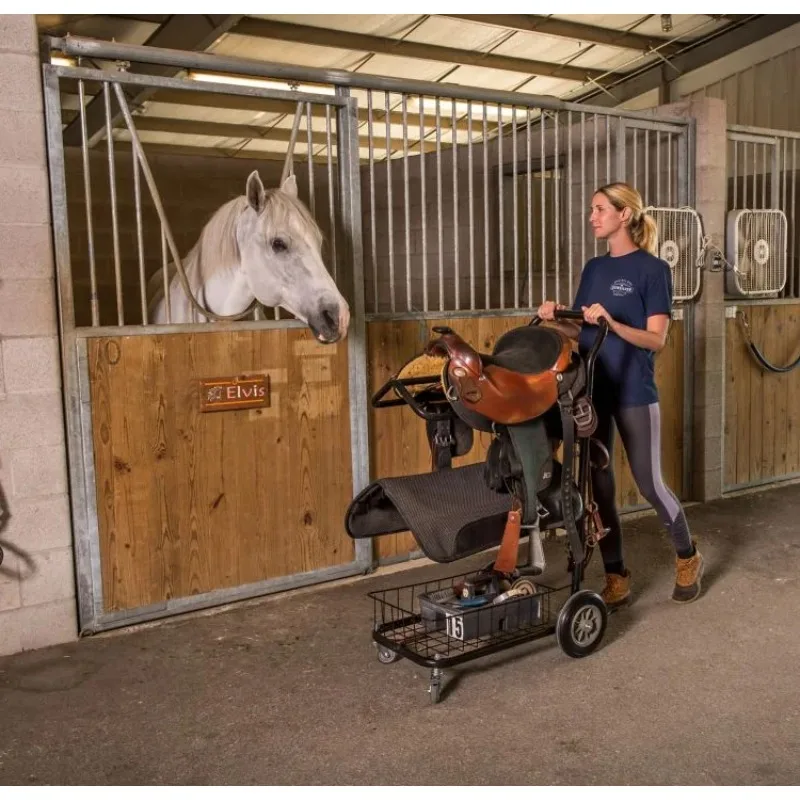 

2 Tier Rolling Saddle Rack Horse Equipment Storage Cart with Blanket Basket Custom Logo Food Display Stand Powder Coating Large