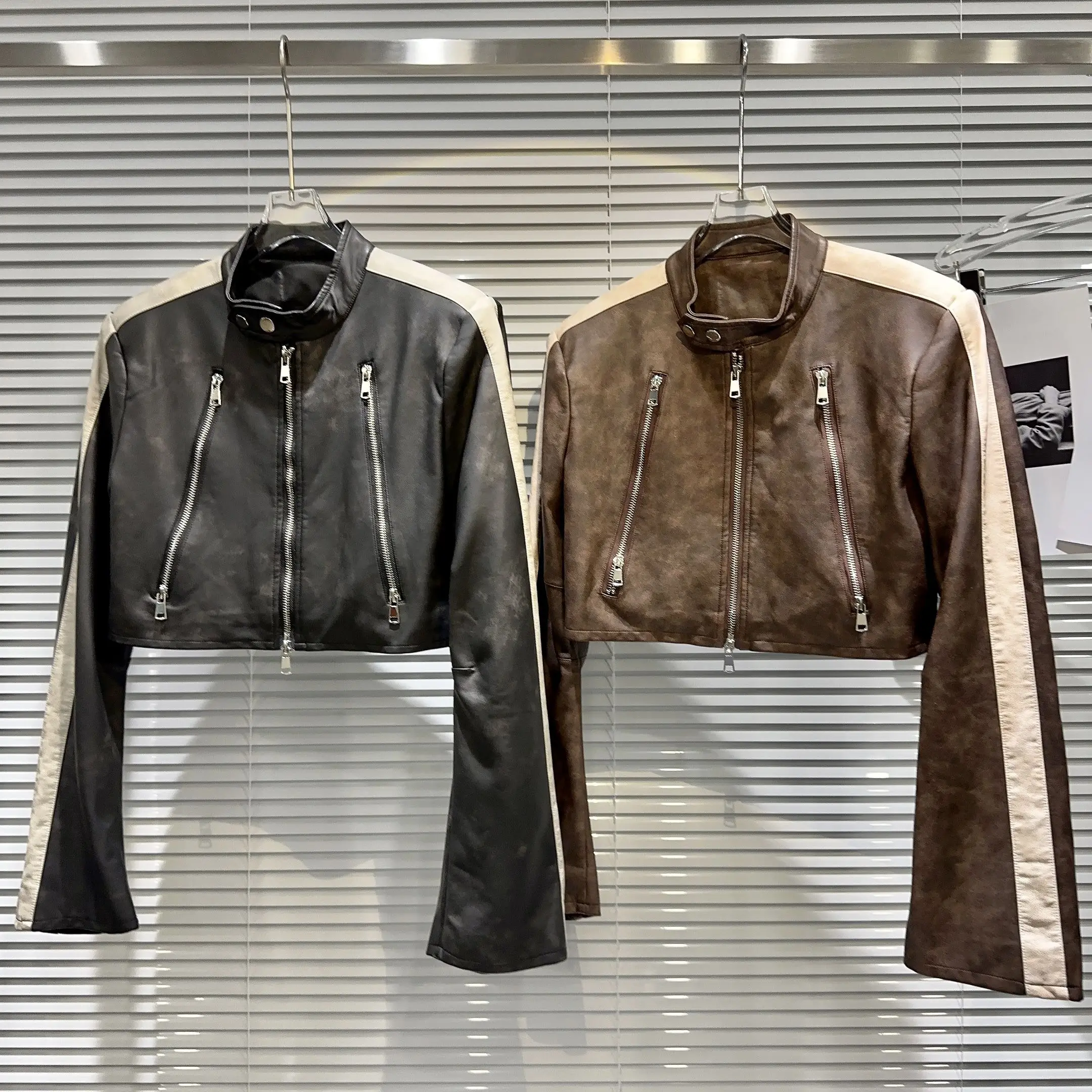 الشارع Sle الجلود Jaet تصميم مزدوج سستة الأصلي الإبداعية الساخنة فتاة ort معطف طويل Sve الوقوف طوق سستة إغلاق