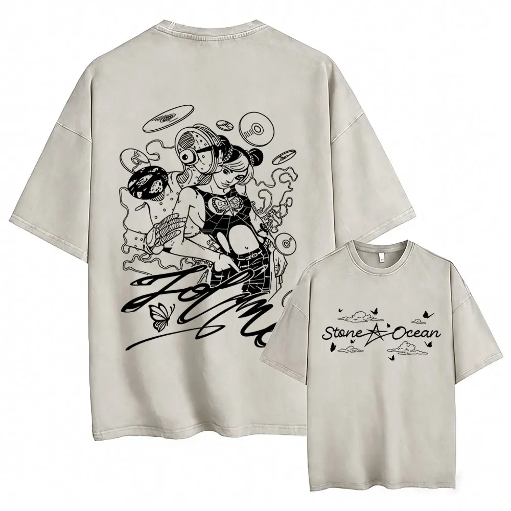 

Washed Vintage Anime Jojo Bizarre Adventure Jolyne Cujoh T Shirt Men Women Cartoon Manga Lover T-shirt Male Oversized Streetwear