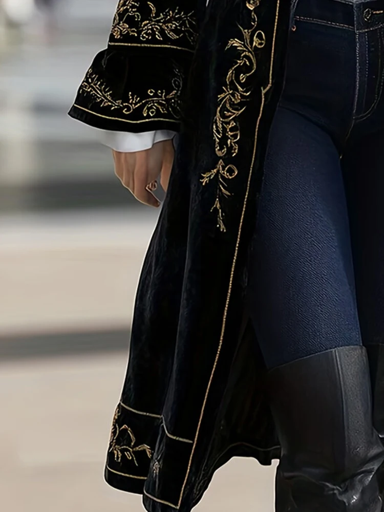 

American Retro Long Jacket for Women's Floral Embroidery Casual Single Breasted Flare Sleeve Stand Collar Autumn Cardigans Coat