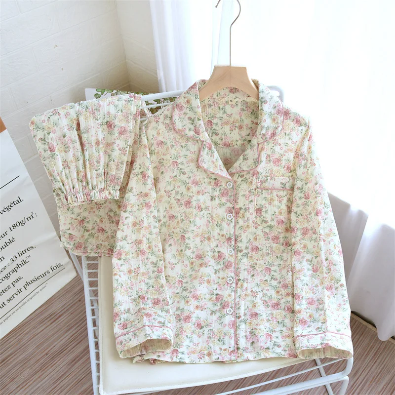 2026 الخريف كريب قطني المرأة منامة عادية لينة فضفاضة ملابس خاصة طويلة الأكمام السراويل بيجامة مجموعات ملابس الليل 2 قطعة مجموعة