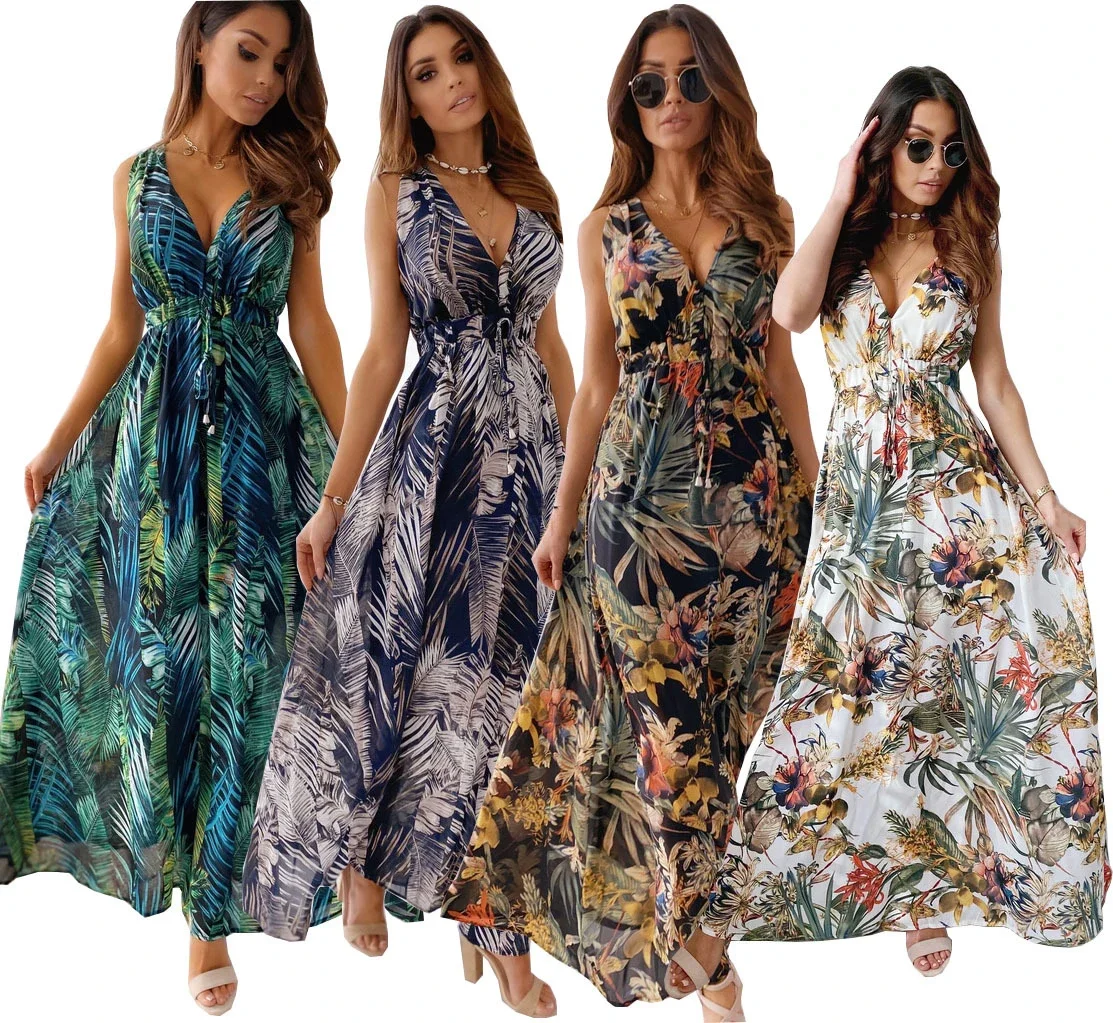 Pop Women Tie-Up Backless Party Beach Dress Sexy V Neck Boho Long Dresses Summer Elegant Print Sleeveless Lady Maxi Dress Vestid