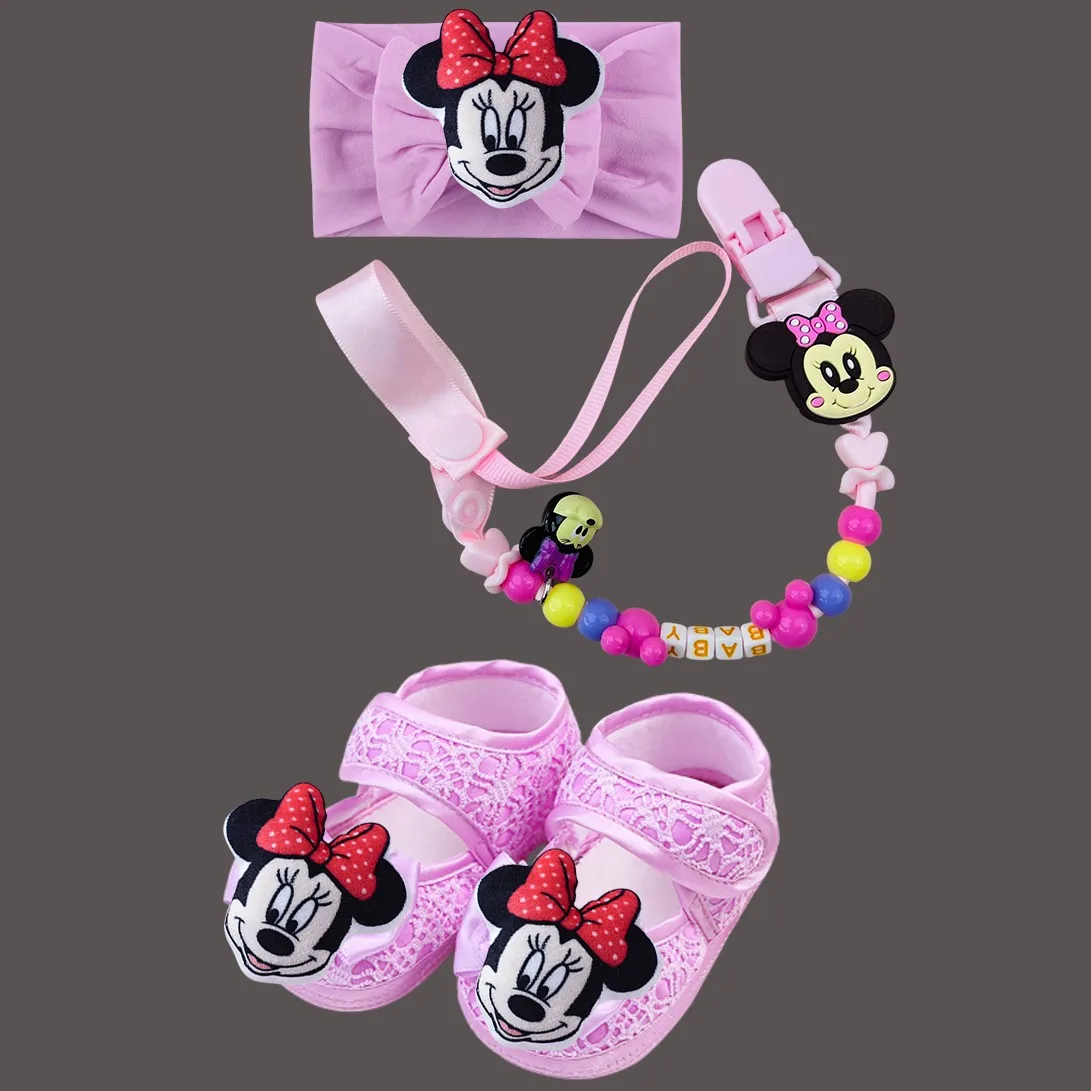 Sepatu Bayi Perempuan Mickey Mouse 3D Plush Head Kawaii, Set Headband dan Rantai Empeng, Sepatu Putri Berkilau untuk Bayi Baru Lahir