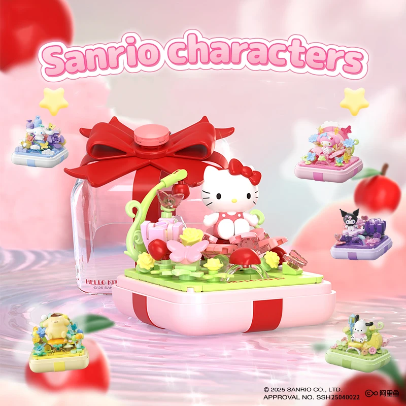 Sanrio 아크릴 링 박스 블라인드 박스 빌딩 블록 Hellokitty Kuromi Pochacco 모델 벽돌 장식품 어린이를위한 장난감 휴일 선물