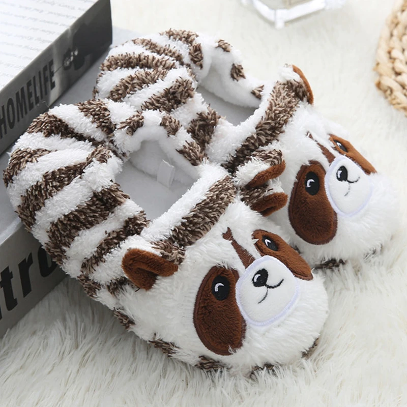 Fashion Toddler Boys Slippers Indoor Winter Plush Warm Kids House Footwear Animal Raccoon Soft Rubber Sole Home Shoes Baby Items